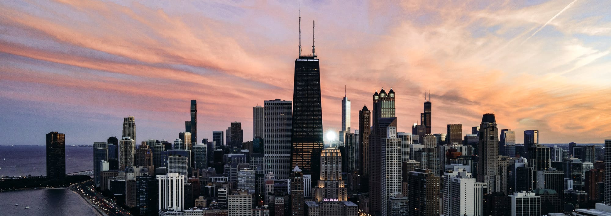 The Chicago skyline at dusk.