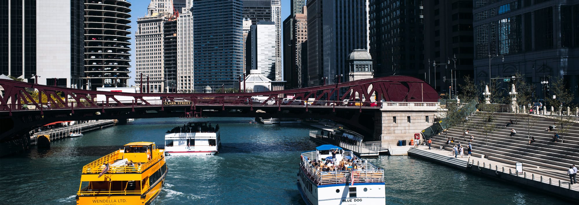 A bridge above the Chicago Riverwalk.